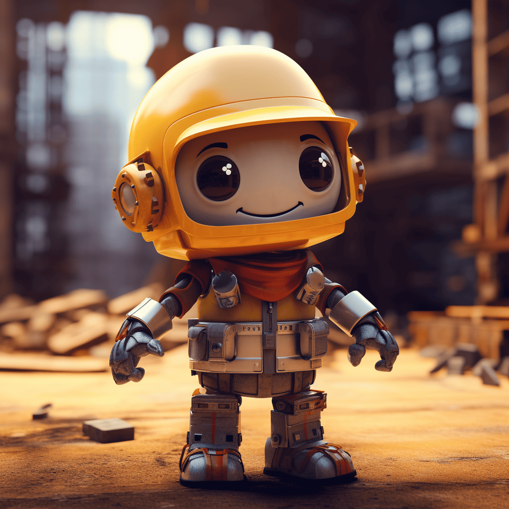 A cartoon character in a helmet standing in a construction area.